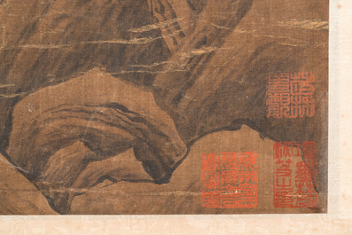 Chinese school: 'Landscape with a scholar and his servants', ink and colour on silk, Ming
