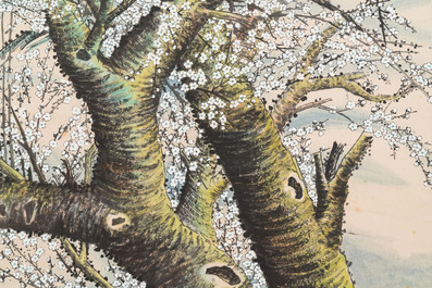 Tao Lengyue 陶冷月 (1895-1985): 'Prunier sous la nuit &eacute;clair&eacute;e par la lune', encre et couleurs sur papier