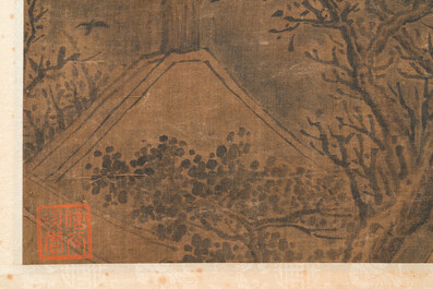 Chinese school: 'Een wijze met twee leerlingen in een bergachtig landschap', inkt en kleur op zijde, Ming