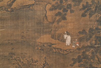 Ecole chinoise: 'Paysage au savant et ses servants', encre et couleurs sur soie, Ming