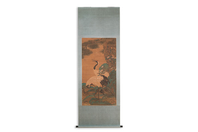 Chinese school: 'Cranes under a pine', ink and colour on silk, Ming