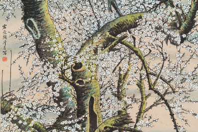 Tao Lengyue 陶冷月 (1895-1985): 'Prunier sous la nuit &eacute;clair&eacute;e par la lune', encre et couleurs sur papier