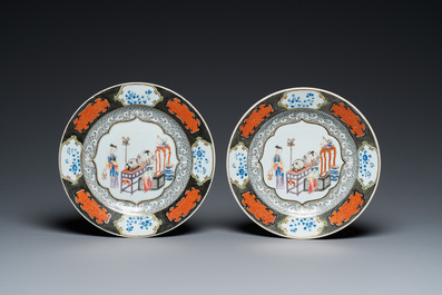 A pair of Chinese famille rose plates with a lady doing her make-up, Yongzheng