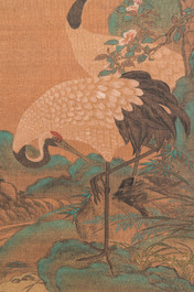 Chinese school: 'Cranes under a pine', ink and colour on silk, Ming