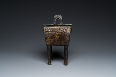 A rare Chinese archaistic bronze 'Fang Ding' ritual food vessel with inscription, Song or earlier