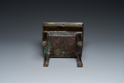 A rare Chinese archaistic bronze 'Fang Ding' ritual food vessel with inscription, Song or earlier