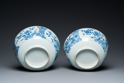 A pair of Chinese blue and white bowls, a pair of plates and a pair of verte biscuit groups, Kangxi/Qianlong