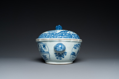 A large Chinese blue and white 'Xi Xiang Ji' tureen and cover on stand, Qianlong