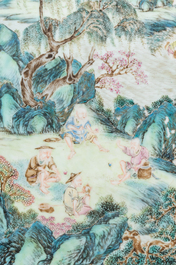 A Chinese famille rose plaque mounted as a table screen, Qianlong