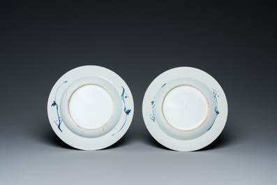 A pair of Chinese blue and white bowls, a pair of plates and a pair of verte biscuit groups, Kangxi/Qianlong