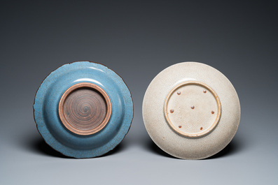 Four Chinese monochrome blue and crackle-glazed dishes, 19/20th C.