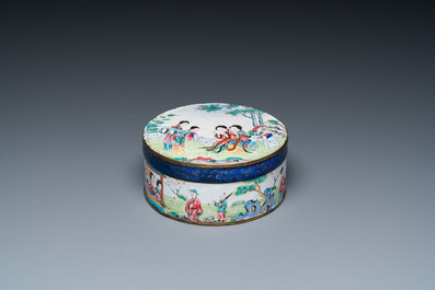 A Chinese Canton enamel vase, a box and cover and a 'dragon' dish, Qianlong and later