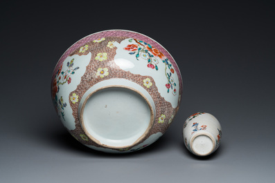 Un vase en porcelaine de Chine famille verte mont&eacute; comme lampe et un bol en famille rose, Kangxi et Qianlong