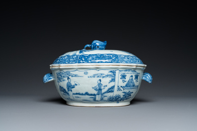 A large Chinese blue and white 'Xi Xiang Ji' tureen and cover on stand, Qianlong