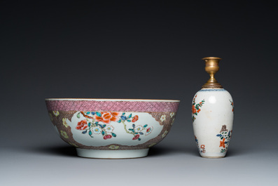 A Chinese famille verte vase mounted as a lamp and a famille rose bowl, Kangxi and Qianlong