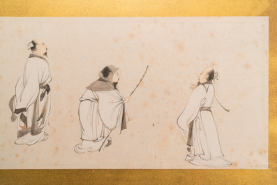 Navolger van Zhang Daqian 張大千 (1898-1983): Geleerden en kalligrafie, inkt en kleur op papier
