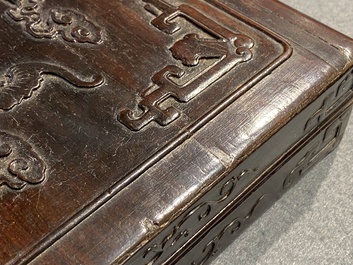 A Chinese partly zitan wood 'Five bats and Shou' box and cover, Qing