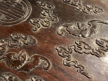 A Chinese partly zitan wood 'Five bats and Shou' box and cover, Qing