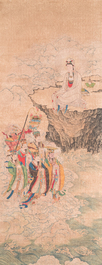 Chinese school: 'Bodhisattva looking over a group of deities', ink and colour on silk, Qing