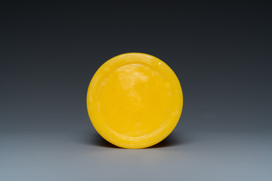 A Chinese yellow Peking glass chamfered dish and a cylindrical container, Qing/Republic