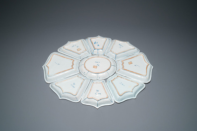 A very rare Dutch Delft blue and white nine-piece sweetmeat set, late 17th C.