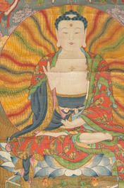 Chinese school: 'Buddha seated on a lotus throne', ink and colour on paper, 18th C.