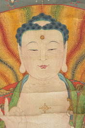 Chinese school: 'Buddha seated on a lotus throne', ink and colour on paper, 18th C.