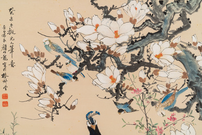 Yan Bolong 顏伯龍 (1898-1955): 'Paons entour&eacute;s d'autres oiseaux parmi des branches fleuries', encre et couleurs sur papier