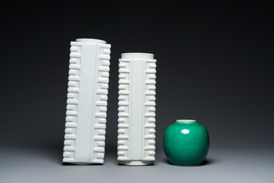 Two Chinese white-glazed 'cong' vases and an apple green jar, 19/20th C.