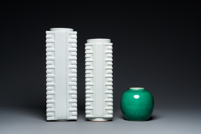 Two Chinese white-glazed 'cong' vases and an apple green jar, 19/20th C.