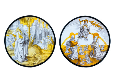 Two painted glass roundels depicting 'The Last Judgment' &amp; 'Abraham sees Sodom in flames', Southern Netherlands, probably 19th C.