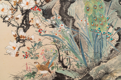 Yan Bolong 顏伯龍 (1898-1955): 'Pauwen en andere vogels bij bloesemtakken', inkt en kleur op papier