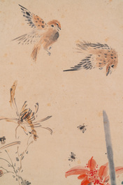 Suiveur de Wang Xuetao 王雪濤 (1903-1982): 'Oiseaux et fleurs', encre et couleurs sur papier, dat&eacute; 1940