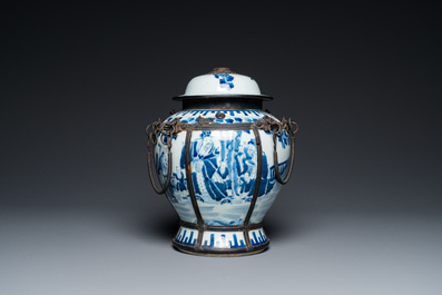 A Chinese blue and white vase and cover mounted as a water pipe for the Vietnamese market, Daoguang mark, 19th C.