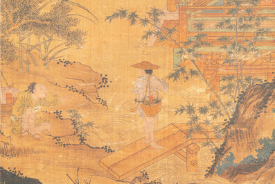 Chinese school: 'Scholars in a pavilion', ink and colour on silk, probably Ming