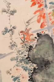 Suiveur de Wang Xuetao 王雪濤 (1903-1982): 'Oiseaux et fleurs', encre et couleurs sur papier, dat&eacute; 1940