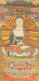 Chinese school: 'Buddha seated on a lotus throne', ink and colour on paper, 18th C.