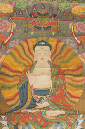 Chinese school: 'Buddha seated on a lotus throne', ink and colour on paper, 18th C.