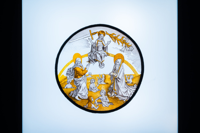 Two painted glass roundels depicting 'The Last Judgment' &amp; 'Abraham sees Sodom in flames', Southern Netherlands, probably 19th C.