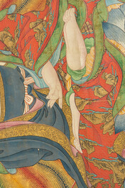 Ecole chinoise: 'Bouddha assis sur tr&ocirc;ne de lotus', encre et couleurs sur papier, 18&egrave;me