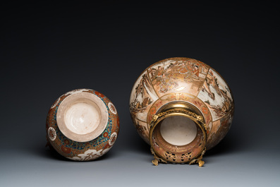 A Japanese Satsuma ewer and a bowl on gilt bronze foot, Meiji, 19th C.
