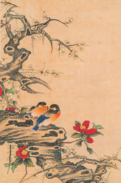 Miao Jiahui 繆嘉慧 (1831-1901): Vier scrolls met vogels bij bloesemtakken, inkt en kleur op zijde