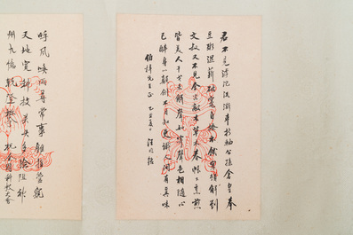 Chinese school: Five vertical calligraphy writings with signatures of celebrities, ink and colour on paper