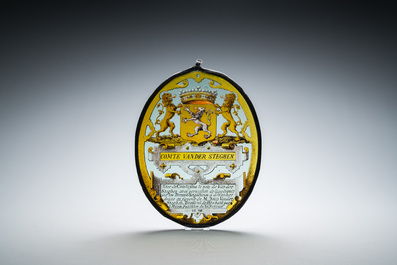 An armorial painted glass medallion inscribed 'Comte van der Steghen', dated 1698