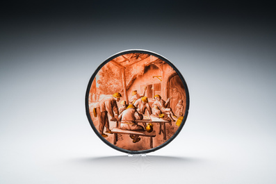 A painted glass roundel with 'The Backgammon-players' after Adriaen van Ostade, Southern Netherlands, 17/18th C.