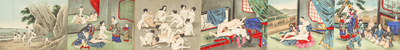 Japanse school: een shunga emaki (erotische handscroll), inkt en kleur op zijde, Edo/Meiji, 18/19e eeuw