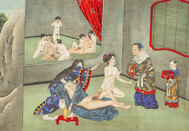 Japanse school: een shunga emaki (erotische handscroll), inkt en kleur op zijde, Edo/Meiji, 18/19e eeuw