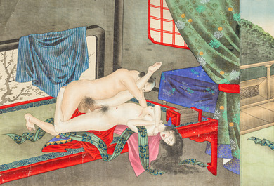 Japanse school: een shunga emaki (erotische handscroll), inkt en kleur op zijde, Edo/Meiji, 18/19e eeuw