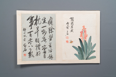 Navolger van Qi Baishi 齊白石 (1864-1957): Album met 6 florale werken met kalligrafie, inkt en kleur op papier