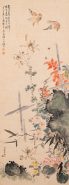 Suiveur de Wang Xuetao 王雪濤 (1903-1982): 'Oiseaux et fleurs', encre et couleurs sur papier, dat&eacute; 1940